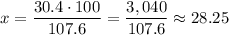 x=\dfrac{30.4\cdot 100}{107.6}=\dfrac{3,040}{107.6}\approx 28.25
