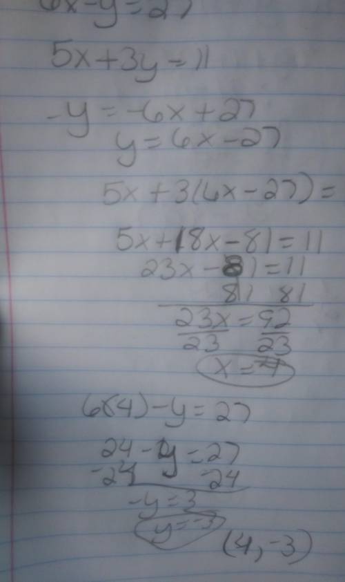 Solve the system of equations by the substitution method. 6x - y = 27 5x + 3y = 11