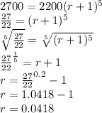 2700=2200(r+1)^5\\\frac{27}{22}=(r+1)^5\\\sqrt[5]{\frac{27}{22}}=\sqrt[5]{(r+1)^5}\\\frac{27}{22}^\frac{1}{5}=r+1\\r=\frac{27}{22}^{0.2}-1\\r=1.0418-1\\r=0.0418