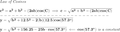 \bf \textit{Law of Cosines}\\ \quad \\&#10;c^2 = {{ a}}^2+{{ b}}^2-(2{{ a}}{{ b}})cos(C)\implies &#10;c = \sqrt{{{ a}}^2+{{ b}}^2-(2{{ a}}{{ b}})cos(C)}\\&#10;----------------------------\\&#10;y=\sqrt{b^2+12.5^2-2(b)(12.5)cos(57.3^o)}&#10;\\ \quad \\&#10;y=\sqrt{b^2+156.25-25b\cdot  cos(57.3^o)}\impliedby cos(57.3^o)\textit{ is a constant}
