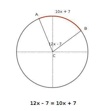 Point c is the center of the circle. the measure of angle acb is 12x – 7. arc ab measures 10x + 7. f