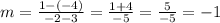 m = \frac {1 - (- 4)} {- 2-3} = \frac {1 + 4} {- 5} = \frac {5} {- 5} = - 1
