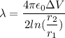 \lambda=\dfrac{4\pi\epsilon_{0}\Delta V}{2 ln(\dfrac{r_{2}}{r_{1}})}