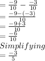 =\frac{-9}{10}-\frac{-3}{10}\\=\frac{-9-(-3)}{10}\\= \frac{-9+3}{10}\\= \frac{-6}{10}\\Simplifying\\=\frac{-3}{5}