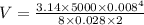 V=\frac{3.14\times5000 \times {0.008}^{4}}{8 \times 0.028 \times 2}