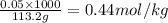 \frac{0.05\times 1000}{113.2g}=0.44mol/kg