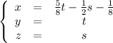 \left\{\begin{array}{ccc}x&=&\frac{5}{8}t-\frac{1}{2}s-\frac{1}{8}\\y&= & t\\z&= & s\end{array}