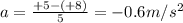 a=\frac{+5-(+8)}{5}=-0.6 m/s^2