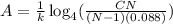A=\frac{1}{k}\log_4(\frac{CN}{(N-1)(0.088)})