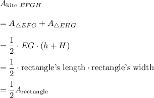 A_{\text{kite }EFGH}\\ \\=A_{\triangle EFG}+A_{\triangle EHG}\\ \\=\dfrac{1}{2}\cdot EG\cdot (h+H)\\ \\=\dfrac{1}{2}\cdot \text{rectangle's length}\cdot \text{rectangle's width}\\ \\=\dfrac{1}{2}A_{\text{rectangle}}