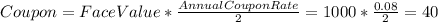 Coupon=FaceValue*\frac{AnnualCouponRate}{2}=1000*\frac{0.08}{2}=40