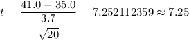t=\dfrac{41.0-35.0}{\dfrac{3.7}{\sqrt{20}}}=7.252112359\approx7.25