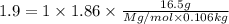 1.9=1\times 1.86\times \frac{16.5g}{M g/mol\times 0.106kg}