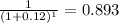 \frac{1}{(1+0.12)^1} = 0.893