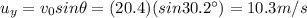 u_y = v_0 sin \theta = (20.4) (sin 30.2^{\circ})=10.3 m/s