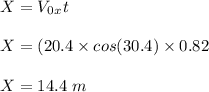 X = V_0_x t\\\\X = (20.4 \times cos (30.4) \times 0.82\\\\X = 14.4 \ m