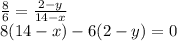\frac{8}{6} =\frac{2-y}{14-x} \\8(14-x) - 6(2-y) = 0