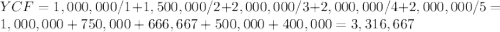 YCF = 1,000,000/1+1,500,000/2+2,000,000/3+2,000,000/4+2,000,000/5=1,000,000+750,000+666,667+500,000+400,000=3,316,667