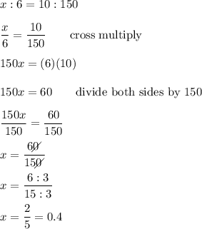 x:6=10:150\\\\\dfrac{x}{6}=\dfrac{10}{150}\qquad\text{cross multiply}\\\\150x=(6)(10)\\\\150x=60\qquad\text{divide both sides by 150}\\\\\dfrac{150x}{150}=\dfrac{60}{150}\\\\x=\dfrac{60\!\!\!\!\diagup}{150\!\!\!\!\diagup}\\\\x=\dfrac{6:3}{15:3}\\\\x=\dfrac{2}{5}=0.4