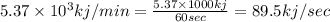 5.37\times 10^3kj/min=\frac{5.37\times 1000kj}{60sec}=89.5kj/sec