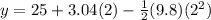 y = 25 + 3.04(2) - \frac{1}{2}(9.8)(2^2)
