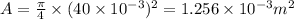 A =\frac{\pi}{4} \times (40\times 10^{-3})^2 = 1.256\times 10^{-3} m^2