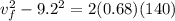 v_f^2 - 9.2^2 = 2(0.68)(140)