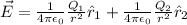 \vec{E} = \frac{1}{4\pi \epsilon_0}\frac{Q_1}{r^2}\hat{r}_1 + \frac{1}{4\pi \epsilon_0}\frac{Q_2}{r^2}\hat{r}_2