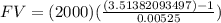FV=(2000)(\frac{(3.51382093497)-1}{0.00525})