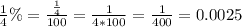\frac{1}{4}\%=\frac{\frac{1}{4}}{100}=\frac{1}{4*100}=\frac{1}{400}=0.0025