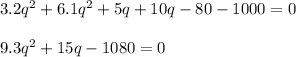 3.2q^2+6.1q^2+5q+10q-80-1000=0\\\\9.3q^2+15q-1080=0