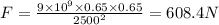 F=\frac{9\times 10^9\times 0.65\times 0.65}{2500^2}=608.4N