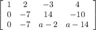 \left[\begin{array}{cccc}1&2&-3&4\\0&-7&14&-10\\0&-7&a-2&a-14\end{array}\right]