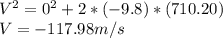 V^2=0^2+2*(-9.8)*(710.20)\\V=-117.98 m/s