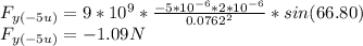 F_{y(-5u)}=9*10^9*\frac{-5*10^{-6}*2*10^{-6}}{0.0762^2}*sin(66.80)\\F_{y(-5u)}=-1.09N