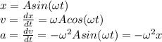 x = Asin(\omega t)\\v = \frac{dx}{dt} = \omega Acos(\omega t)\\a = \frac{dv}{dt} = -\omega^2Asin(\omega t)= -\omega^2x