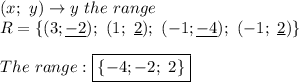 (x;\ y)\to y\ the\ range\\R=\{(3;\underline{-2});\ (1;\ \underline{2});\ (-1;\underline{-4});\ (-1;\ \underline{2})\}\\\\The\ range:\boxed{\{-4;-2;\ 2\}}