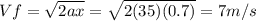 Vf=\sqrt{2ax} =\sqrt{2(35)(0.7)} =7m/s