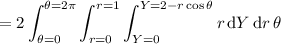 =\displaystyle2\int_{\theta=0}^{\theta=2\pi}\int_{r=0}^{r=1}\int_{Y=0}^{Y=2-r\cos\theta}r\,\mathrm dY\,\mathrm dr\,\mathrm\theta
