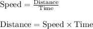 \begin{array}{l}{\text {Speed}=\frac{\text {Distance}}{\text {Time}}} \\\\ {\text {Distance}=\text {Speed} \times \text {Time}}\end{array}