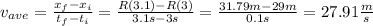 v_{ave}=\frac{x_f-x_i}{t_f-t_i} =\frac{R(3.1)-R(3)}{3.1s-3s}=\frac{31.79m-29m}{0.1s}= 27.91\frac{m}{s}