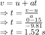 v=u+at\\\Rightarrow t=\frac{v-u}{a}\\\Rightarrow t=\frac{0-15}{-9.81}\\\Rightarrow t=1.52\ s