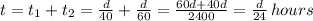 t=t_{1}+t_{2} = \frac{d}{40} + \frac{d}{60} = \frac{60d+40d}{2400} = \frac{d}{24}\, hours