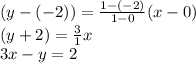 (y-(-2))=\frac{1-(-2)}{1-0}(x-0)\\(y+2)=\frac{3}{1}x\\3x-y=2