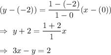 (y-(-2))=\dfrac{1-(-2)}{1-0}(x-(0))\\\\\Rightarrow\ y+2=\dfrac{1+2}{1}x\\\\\Rightarrow\ 3x-y=2