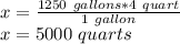 x=\frac{1250\ gallons * 4\ quart}{1\ gallon} \\x=5000\ quarts