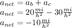 a_{net}=a_b+a_c\\a_{net}=20\frac{mi}{h^2}-30\frac{mi}{h^2}\\a_{net}=-10\frac{mi}{h^2}