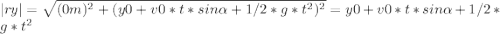 |ry|= \sqrt{(0m)^{2} + (y0 + v0* t*sin \alpha+ 1/2*g*t^{2})^{2}}= y0 + v0*t*sin \alpha + 1/2*g*t^{2}