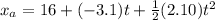 x_a = 16 + (-3.1) t + \frac{1}{2}(2.10)t^2