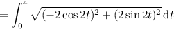 =\displaystyle\int_0^4\sqrt{(-2\cos2t)^2+(2\sin2t)^2}\,\mathrm dt